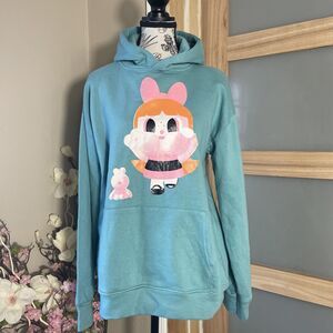Oversized Teal Kawaii Cartoon Hoodie Women Cozy Anime Pastel Pullover Sweatshirt